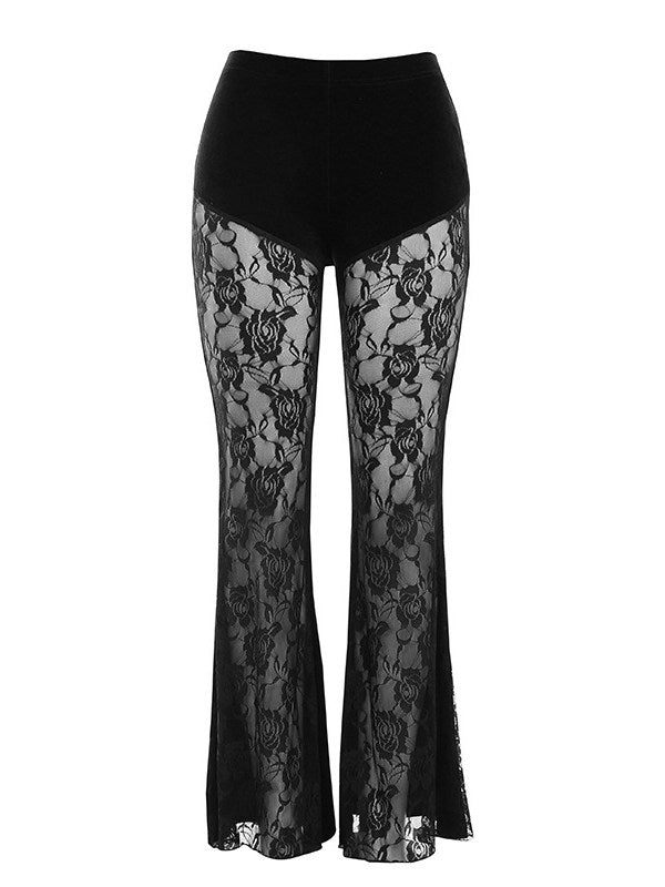 Black high-rise flare pants with rose-like lace center panels and wide bell leg