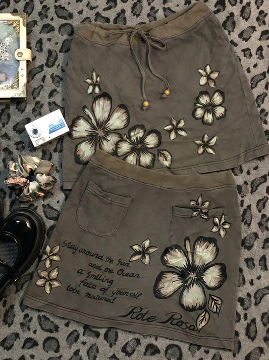 Khaki Floral Print Sweet Girly Midi Skirt
