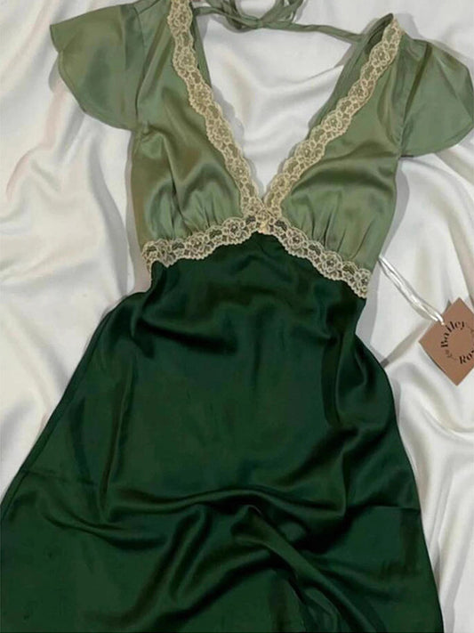 Green Lace V-Neck Mini Dress