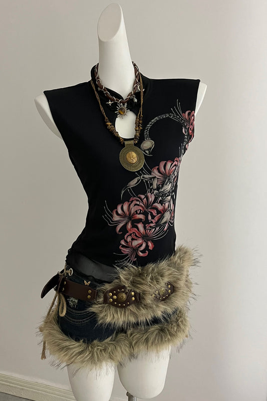 Dark Scorpion Print Cheongsam - Vest & Skirt Set