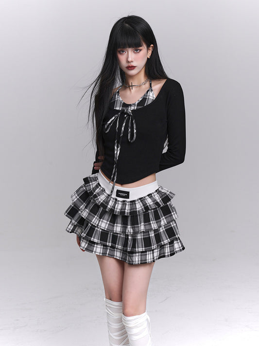 Black & White Plaid Puff Cake Skirt Set