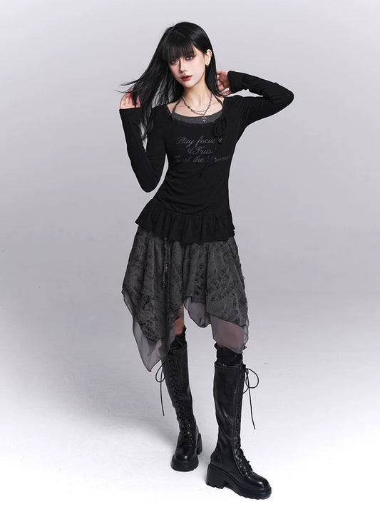 Ghost girl black long-sleeved halterneck fake two-piece top women's fashion foreign design niche spring wear