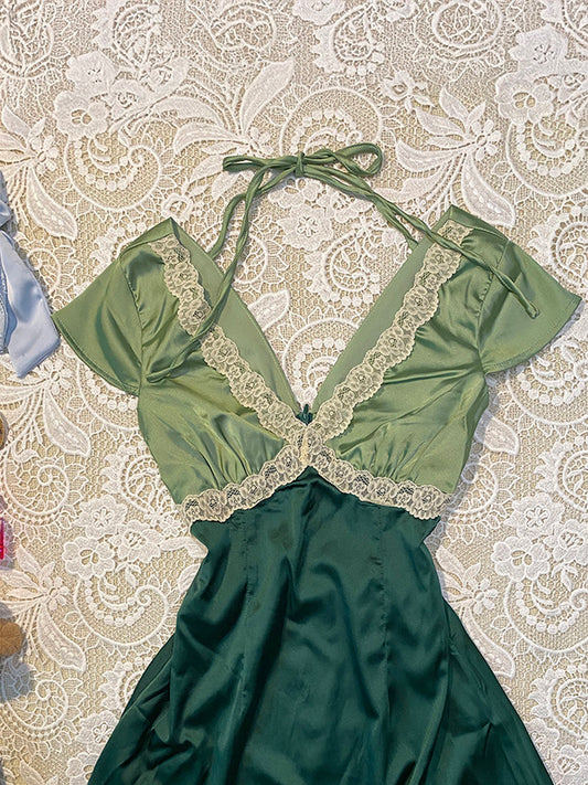 Green Lace V-Neck Midi Dress