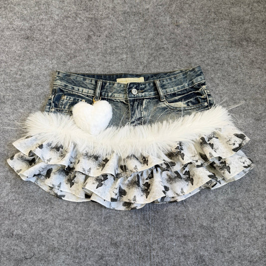 Y2K - White Butterfly Vintage Denim Skirt