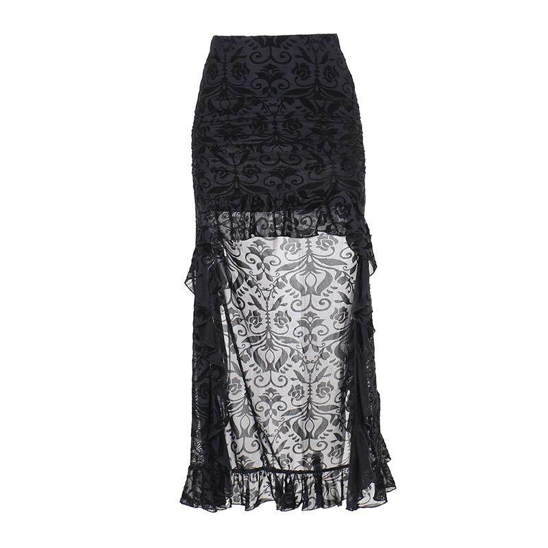 Black damask maxi skirt with sheer overlay and gray damask center panel