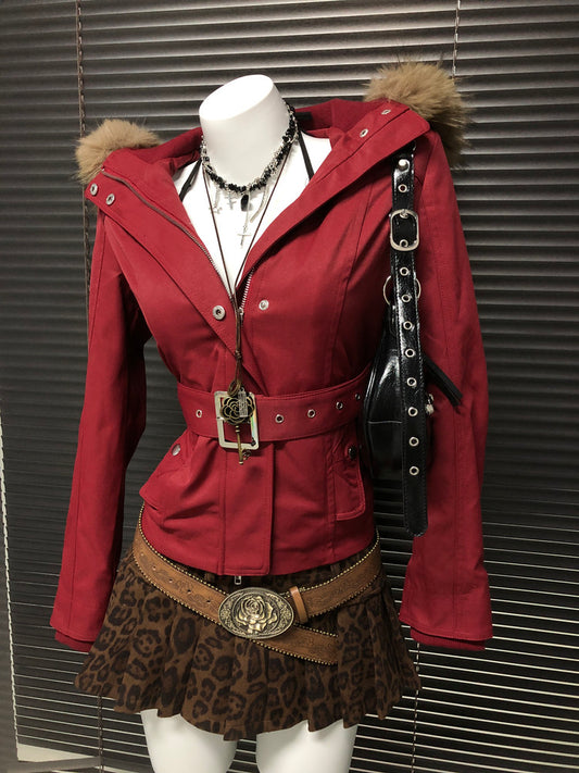 Red Vintage Hooded Parka Jacket