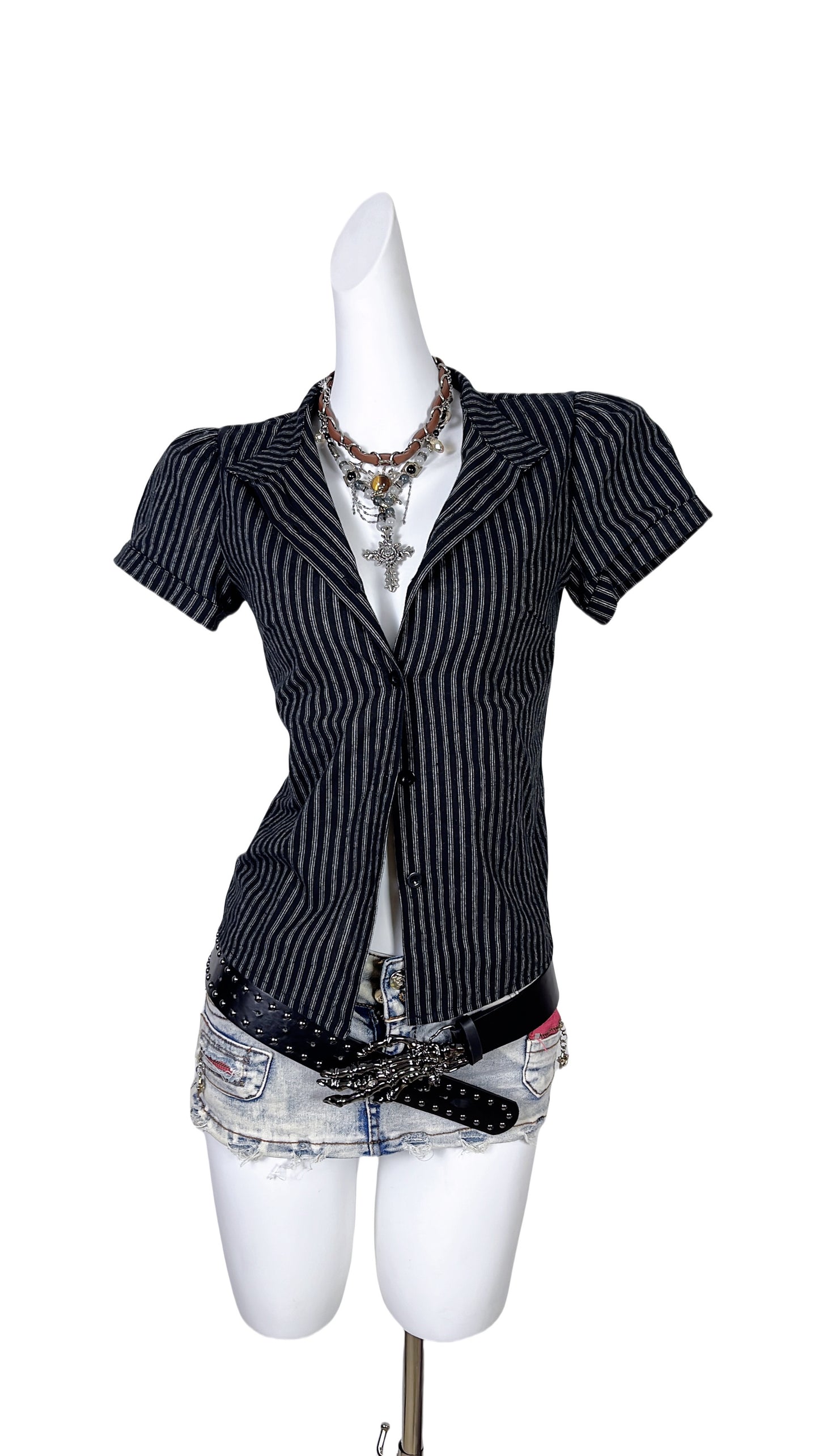 Navy pinstriped lapel shirt with short sleeves and buttoned center front