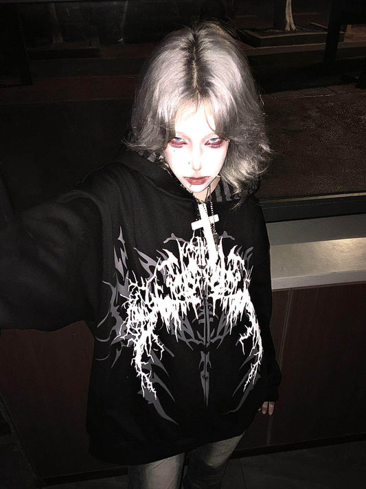 Gothic Tattoo Print Hooded Sweatshirt