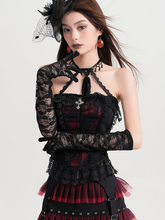 Duchess Dark Gothic Halterneck Lace Contrast Vest Blouse