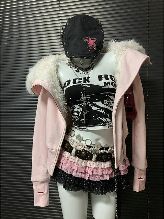 Pink Fur Collar Hooded Sweatshirt