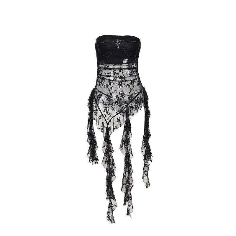 Black bandeau wrap top with sheer patterned lace, ruffle fringe tiers and cross straps
