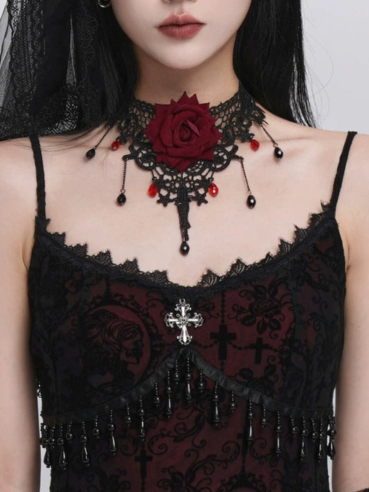 Ghost girl's unique rose choker, black choker necklace, subculture Halloween wear and matching accessories