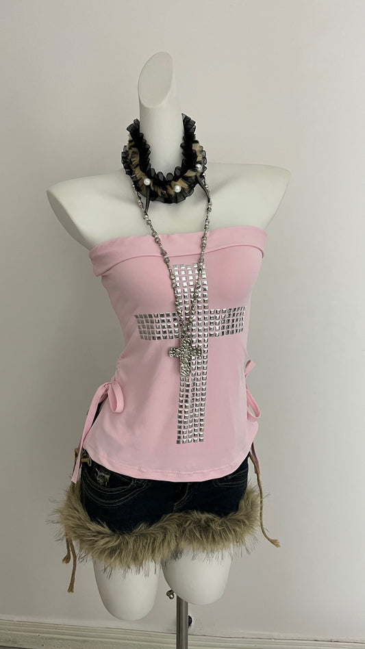 Rhinestone Cross Pink Strapless