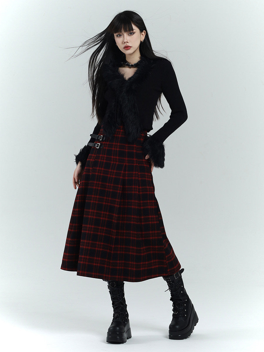Long A-line plaid wool skirt, red and black tartan with waistband and side straps