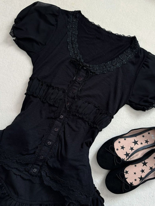 Black Lace Patchwork Skirt Suit