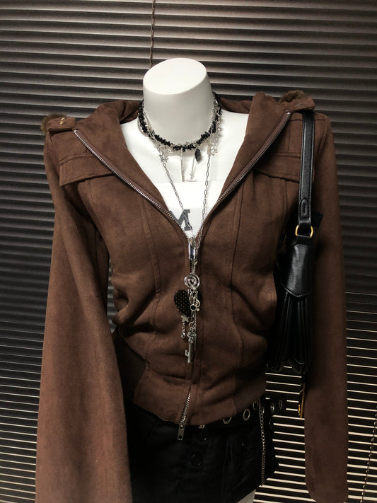 Wool Collar Hooded Short Jacket