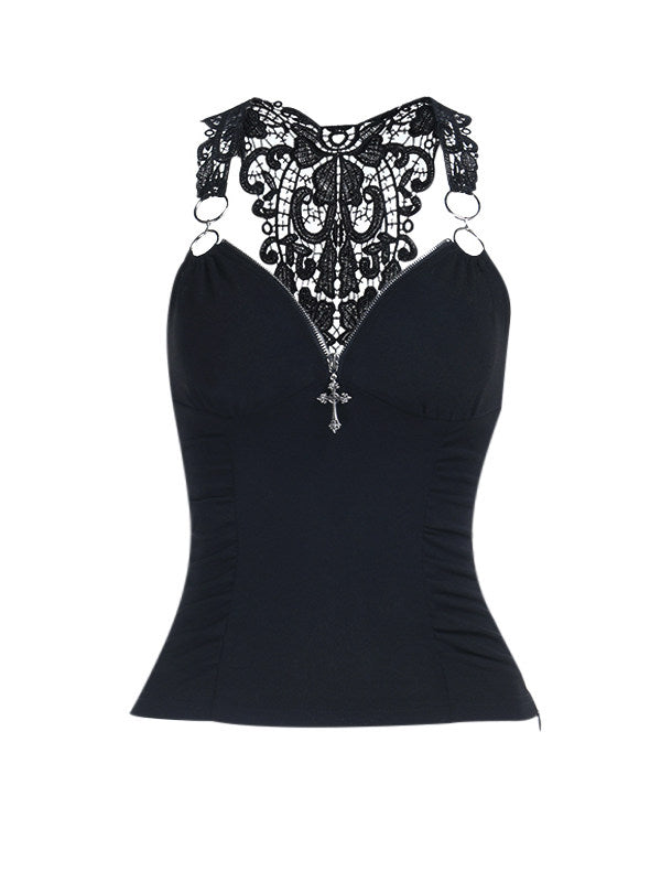 Black lace suspender vest with lace-trimmed V neckline and adjustable suspender straps