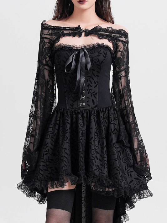 Black Silk One-Shoulder Gothic Lace Blouse