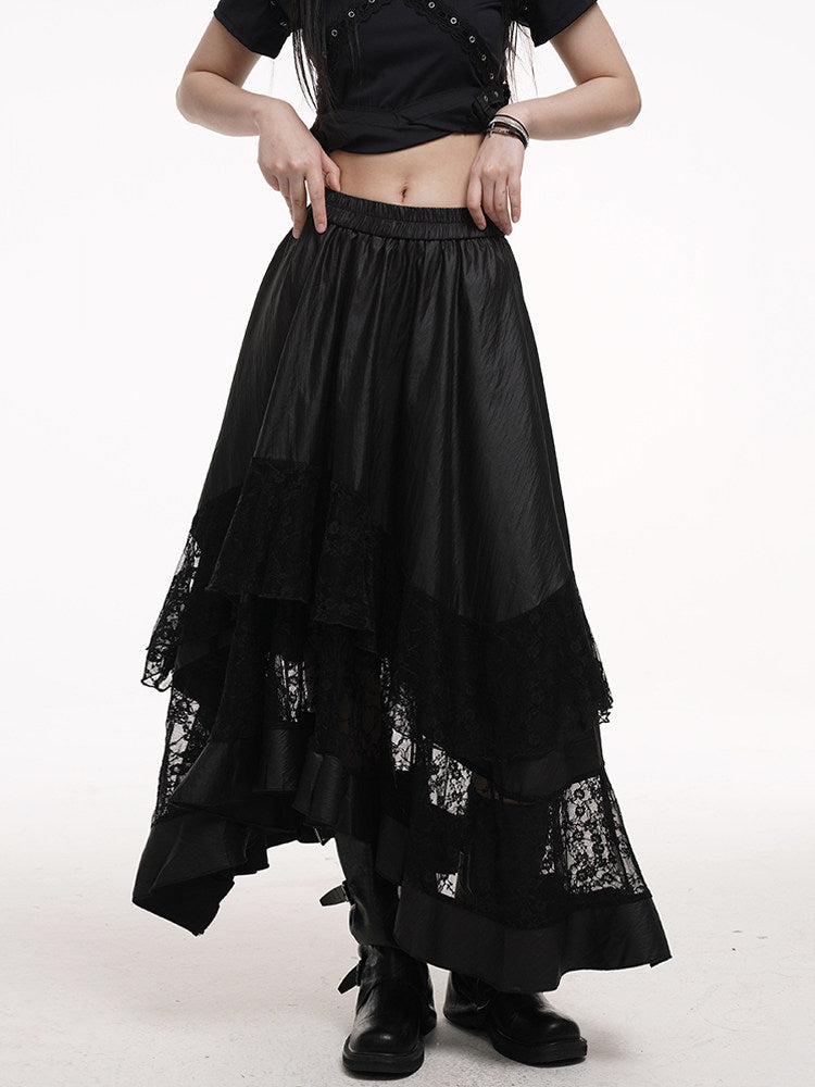 Black irregular maxi skirt with elastic waistband and layered lace sections along hem