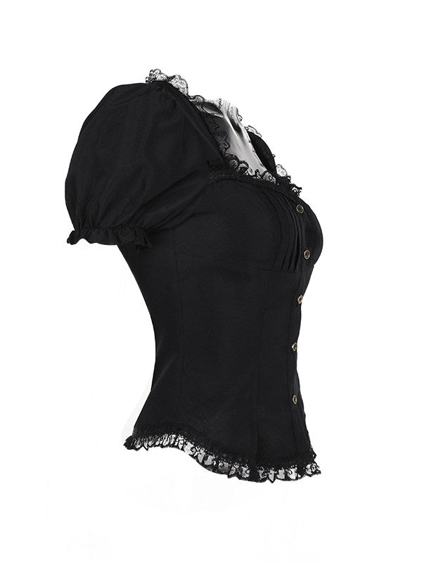 Black puff-sleeve blouse with lace-trim square yoke and side button placket