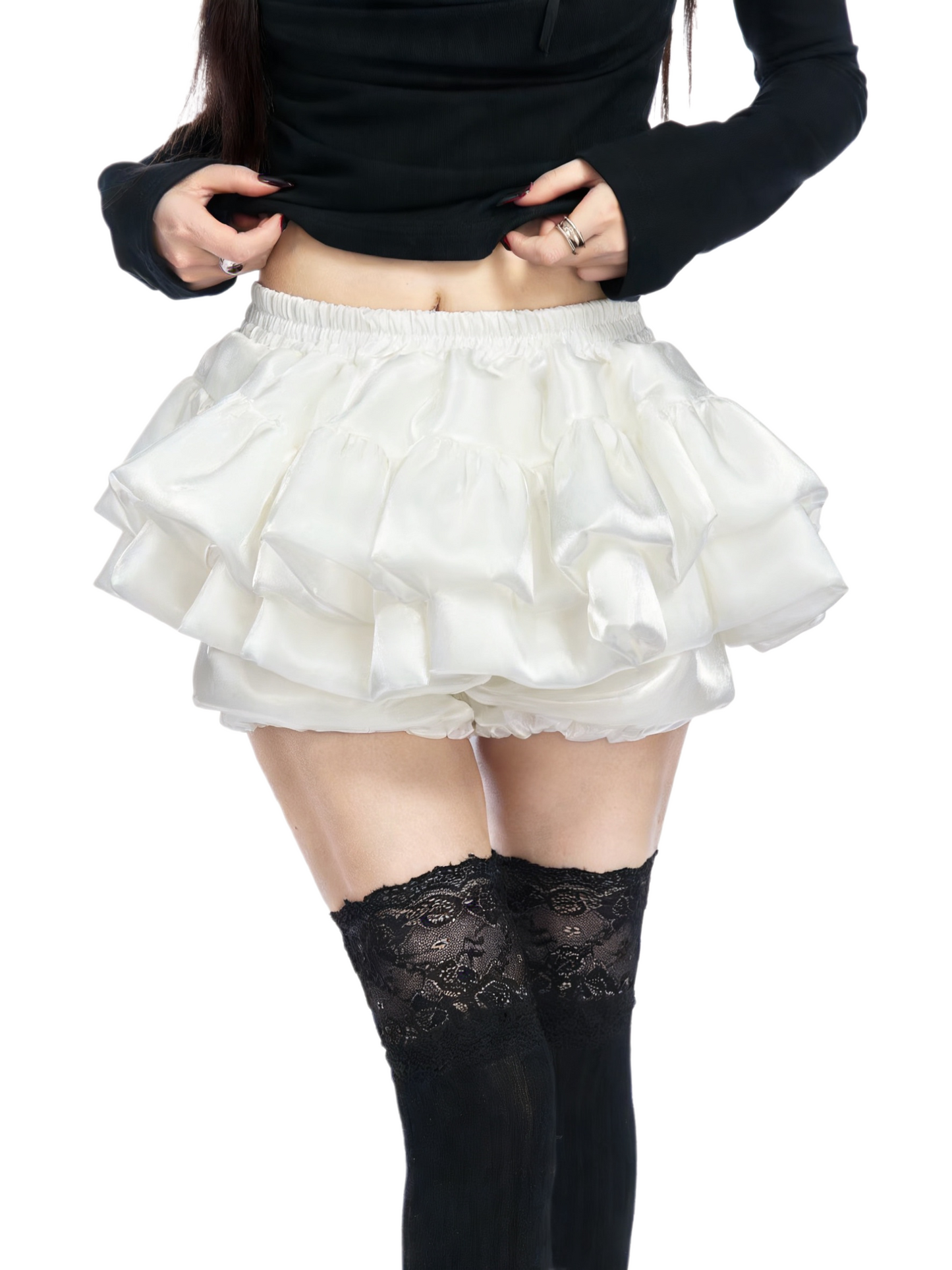 White tiered ruffle skirt with gathered elastic waistband and layered fabric