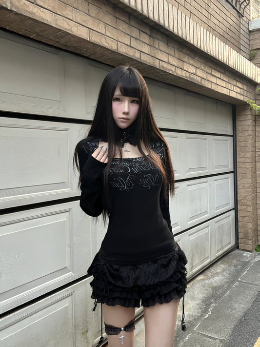 TearsOfNaivety lace neck loop monogram print top