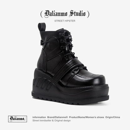 Black lace-up platform boots with ribbed side straps and high padded collar
