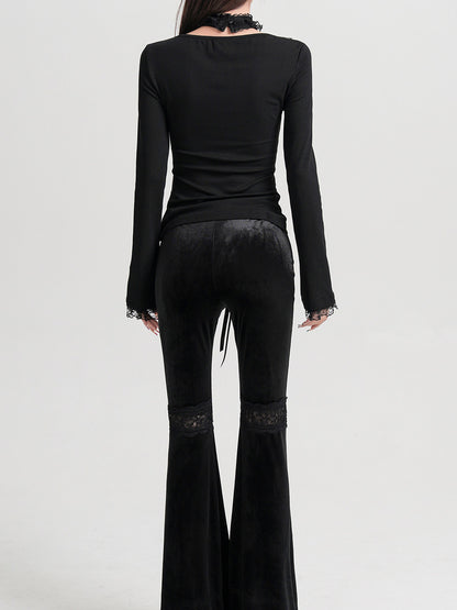 Black long-sleeve top back view with lace choker and scalloped lace cuffs