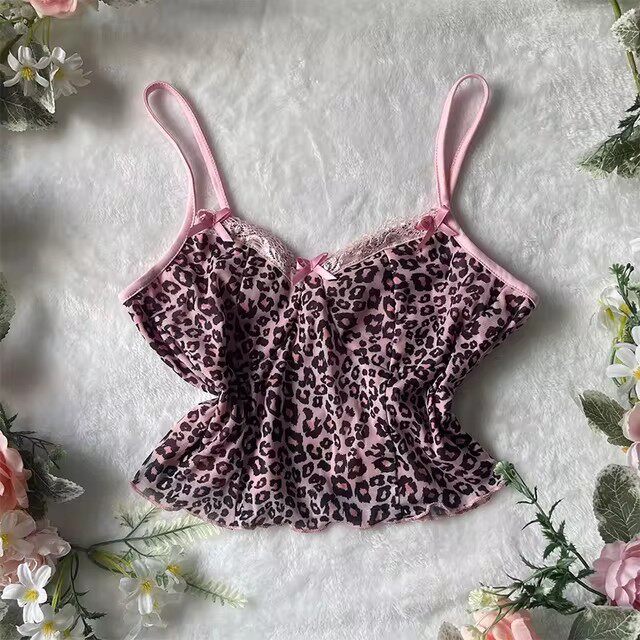 Leopard print satin babydoll slip dress with pink straps and bow at bust