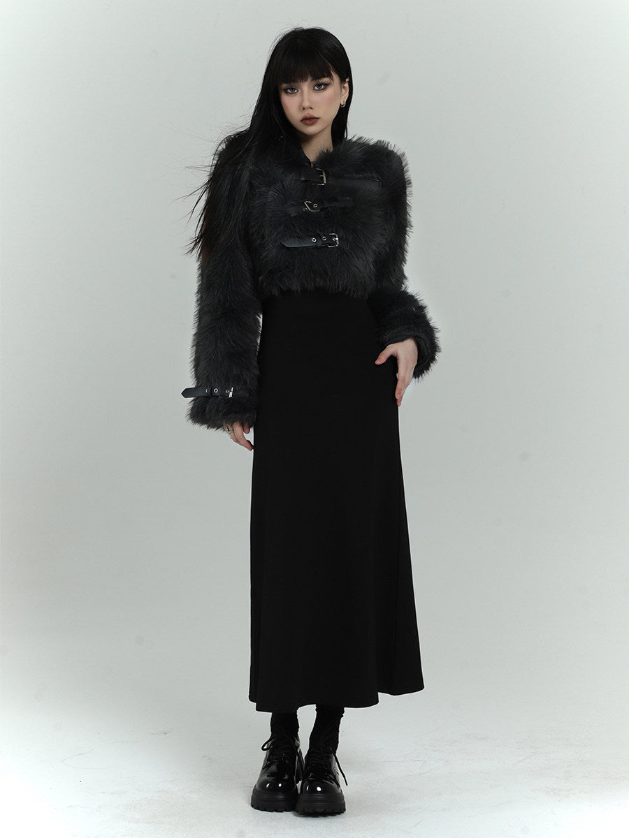 Black faux fox fur jacket with snap strap cuffs and fitted waist