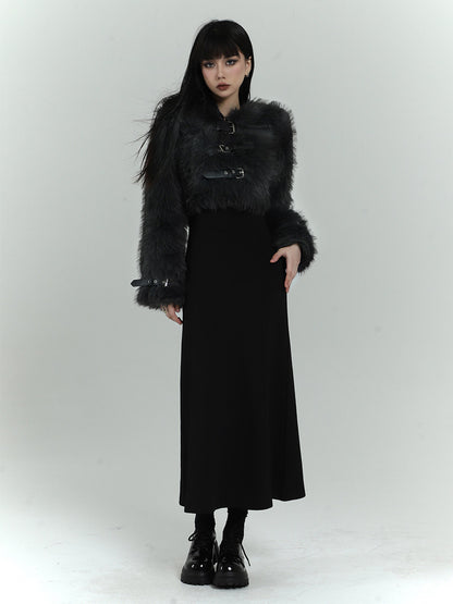 Black faux fox fur jacket with snap strap cuffs and fitted waist