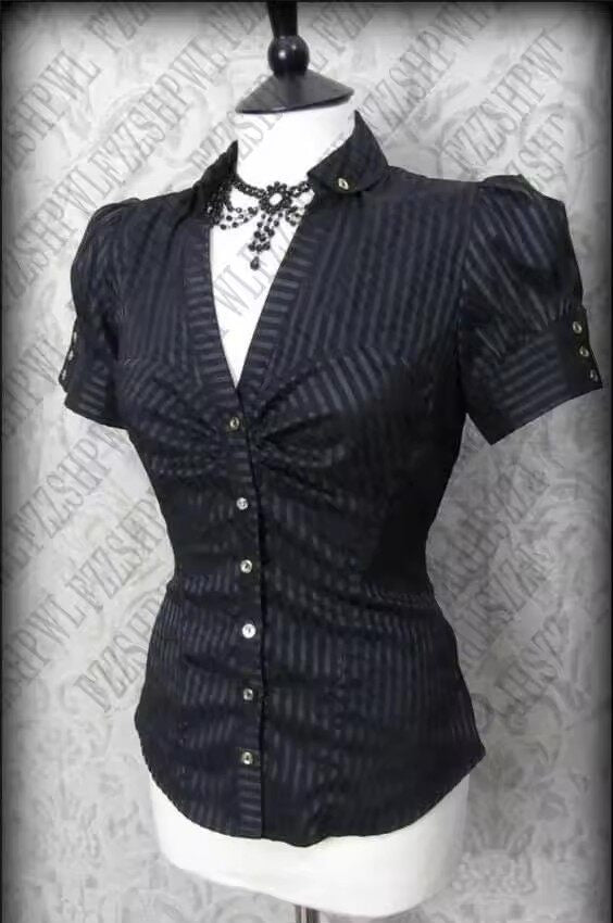 Black pinstripe button-up blouse with V-neck and jeweled collar detail