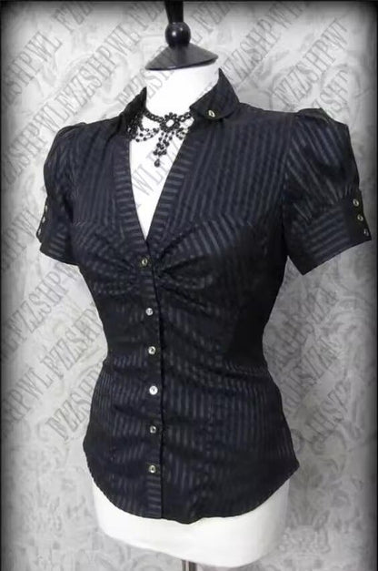 Black pinstripe button-up blouse with V-neck and jeweled collar detail