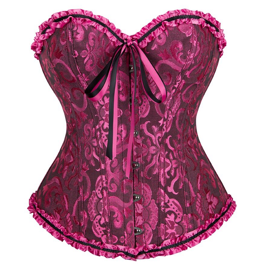 Magenta brocade corset with sweetheart neckline, front buttons, ribbon tie and ruffled hem.