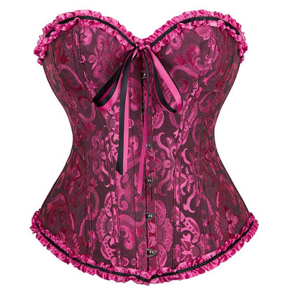 Magenta brocade corset with sweetheart neckline, front buttons, ribbon tie and ruffled hem.