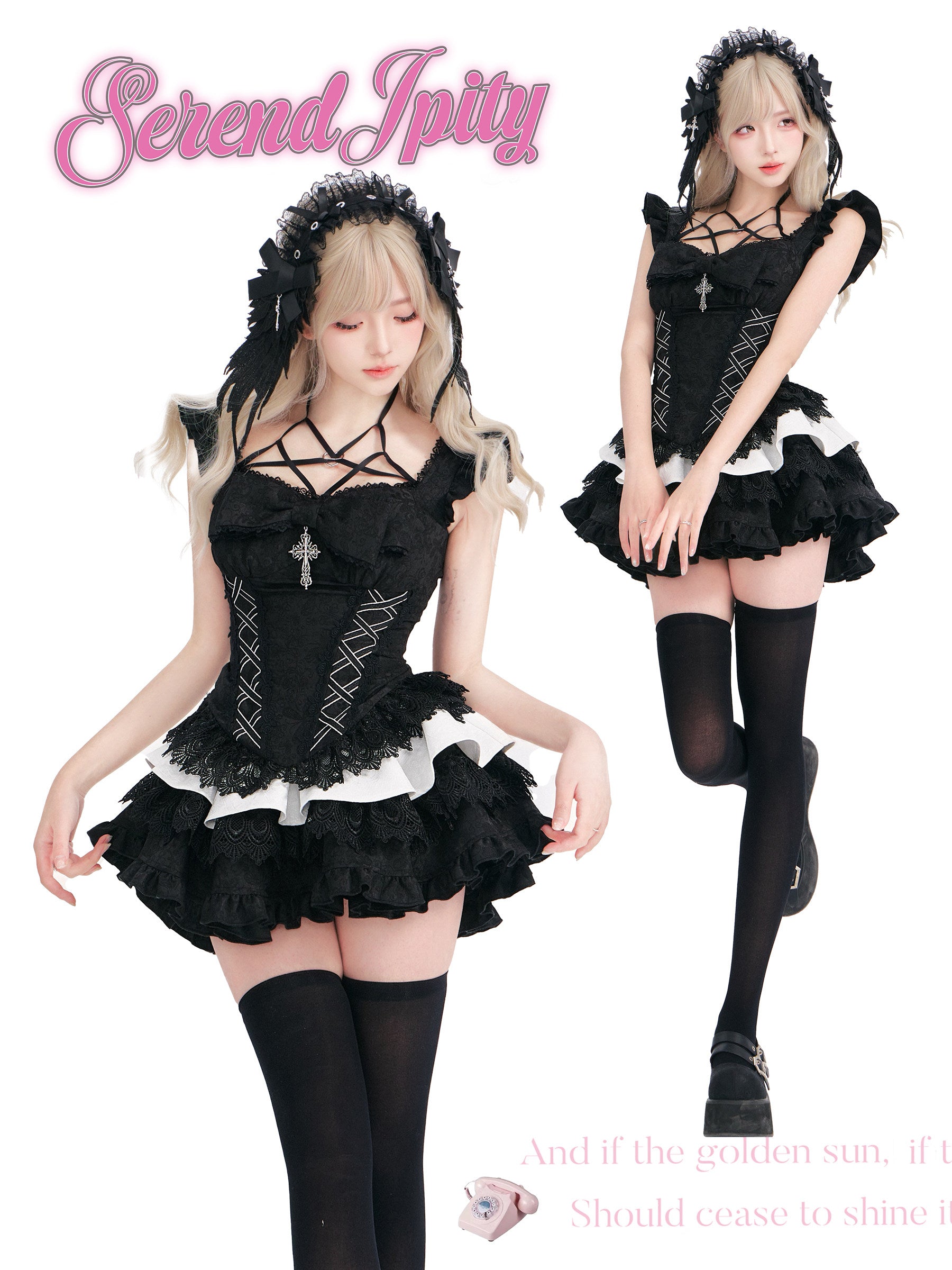 Black corset-style jacquard top with lace-up neckline and layered black-and-white cake skirt