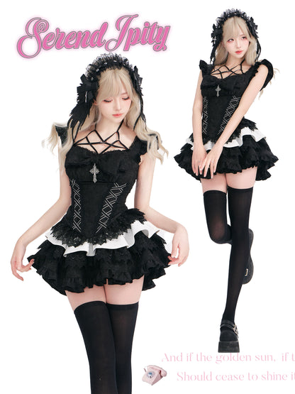 Black corset-style jacquard top with lace-up neckline and layered black-and-white cake skirt