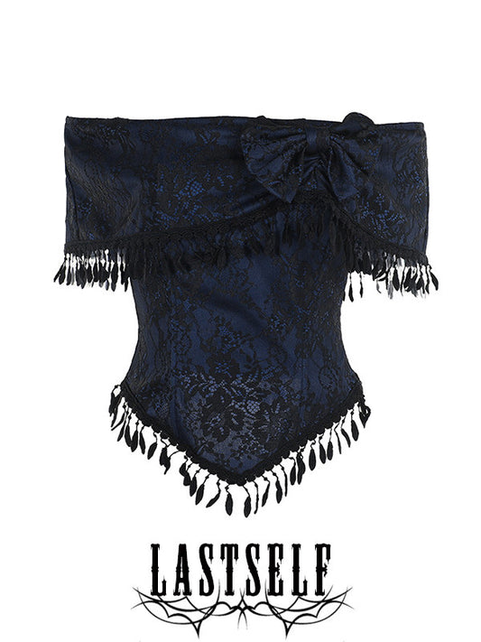 The Duchess Vintage Jacquard One-Shoulder Tassel Bow Top