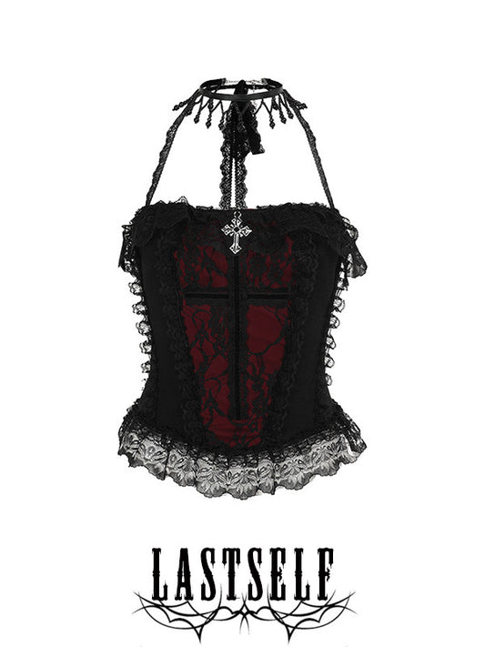 Duchess Dark Gothic Halterneck Lace Contrast Vest Blouse