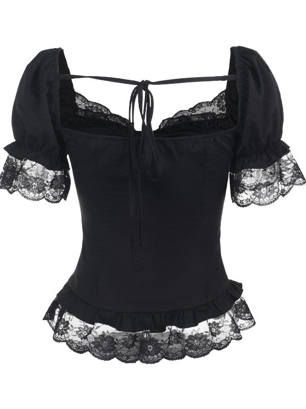 Black square-neck corset top with puff sleeves, lace-trim hem, and tie-back laces