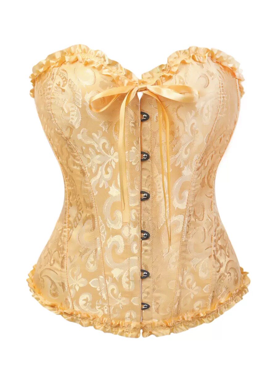 Apricot brocade corset with ruffled bust, satin ribbon tie, and front button placket