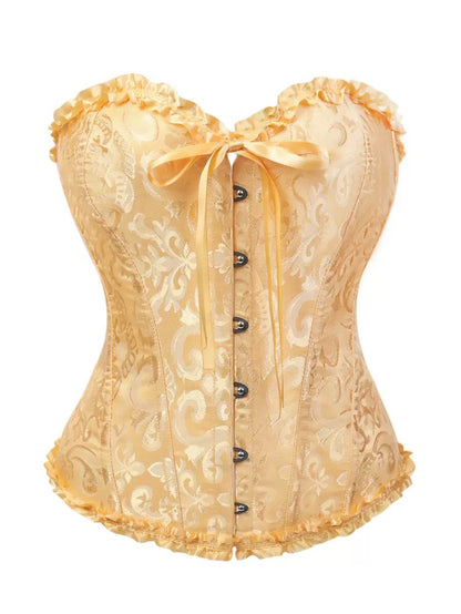Apricot brocade corset with ruffled bust, satin ribbon tie, and front button placket