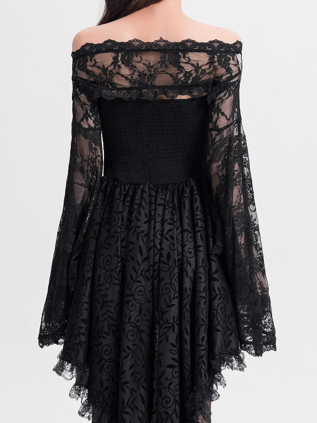 Black lace off-shoulder blouse with wide boat neckline and smocked waist back