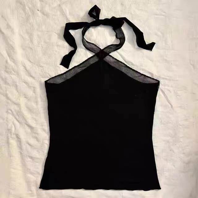 Black camisole with spaghetti straps and crisscross ribbon detail at neckline