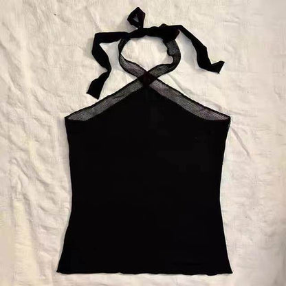 Black camisole with spaghetti straps and crisscross ribbon detail at neckline
