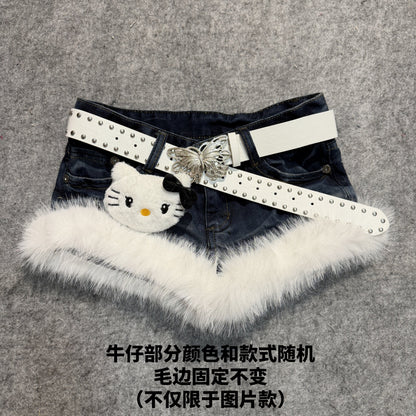 Denim shorts with white faux-fur trim and studded white belt, with a panda applique