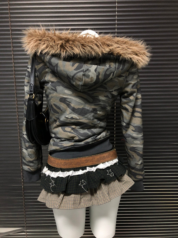 Camouflage plush hooded zip sweatshirt back view with faux fur hood trim