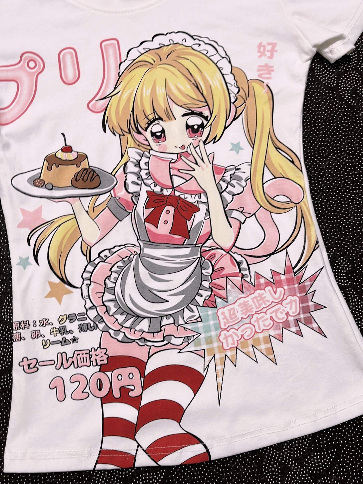 White graphic T-shirt close-up of blonde anime girl with pudding and striped legs