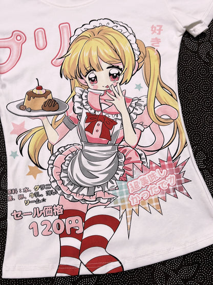 White graphic T-shirt close-up of blonde anime girl with pudding and striped legs