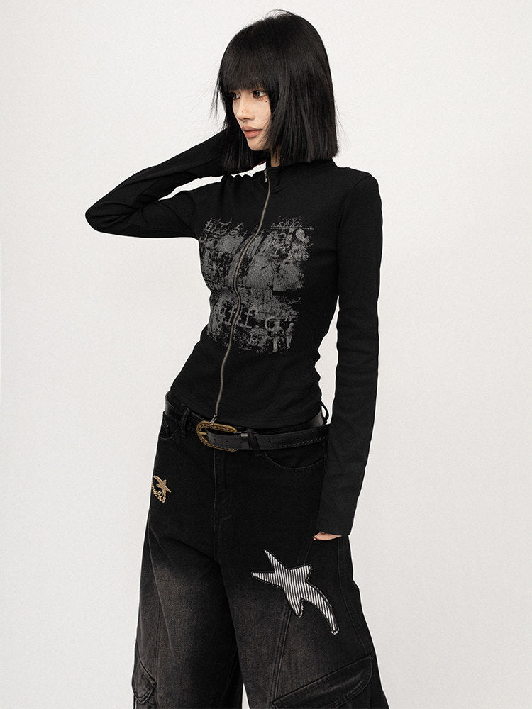 Black zip-up long-sleeve jacket with gray graffiti print and full-front zipper, side view
